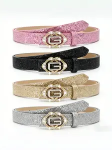 Women's Shiny Rhinestone Belt, Luxurious Crystal G-Type Buckle Belt, Perfect for Dresses and Jeans, Y2K Style Hip Hop Party Waistband, Textured Belt