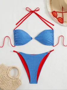 Two-Piece Set Women's Gingham Print Colorblock Bikini Set, Casual Halter Neck Faux Pearls Decor Swim Top & Swim Bottom, Ladies Swimsuit for Beach Holiday Vacation