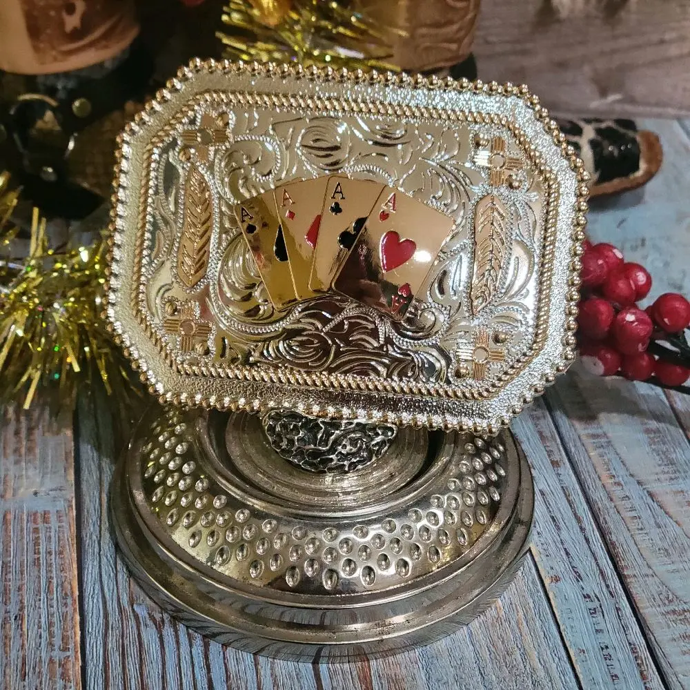 Four aces Western Belt buckle silver and rose tone with gold tone Center  Four aces concho poker card  Cowboy fashion accessory