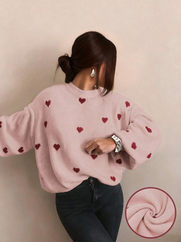 Women's All Over Heart Print Drop Shoulder Sweater, Casual Long Sleeve Round Neck Jumper for Fall & Winter, Fashion Ladies' Knitwear for Daily Wear