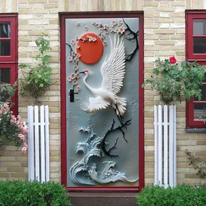 2pcs Chinese Style Relief Wall Sticker Crane Plum Blossom Red Sun Wave Pattern Self Adhesive Waterproof Removable Decorative Sticker for Living Room Home Decoration New Year Spring Festival Wall Art D