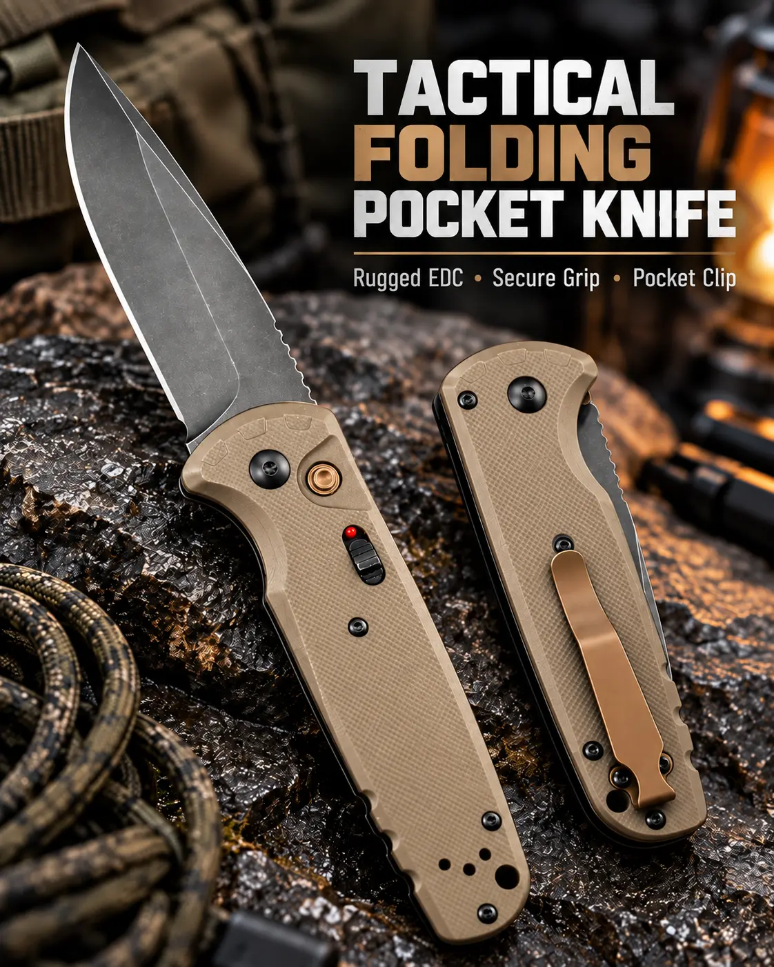 4300 Tactical Folding Pocket Knife - Steel Blade, G10 Handle, 1-Hand Opening EDC Survival Knife with Pocket Clip for Camping, Hiking, Everyday Carry