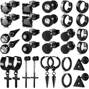 15 Pairs Earrings Stainless Steel Men's Stud Earrings Set Hypoallergenic Cross Dangle Hoop Earrings Fashion Piercing Jewelry Gift for Men Women