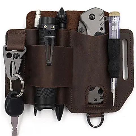 Compact Knife & Flashlight Leather Case, Premium Cowhide Belt Bag, Portable Tool Bag, Toolbag, Tools Bag, Tool Pouch, Multi-Functional Tool Holder, Tool Storage, Convenient Tool Pockets, Perfect Men's Gift, All Seasons Use