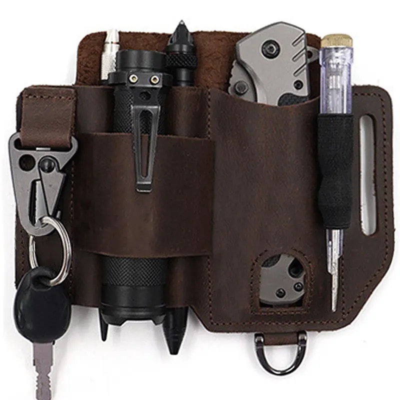 Compact Knife & Flashlight Leather Case, Premium Cowhide Belt Bag, Portable Tool Bag, Toolbag, Tools Bag, Tool Pouch, Multi-Functional Tool Holder, Tool Storage, Convenient Tool Pockets, Perfect Men's Gift, All Seasons Use