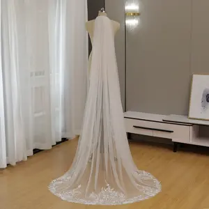 Botanical Garden Wedding Veil | 1-Tier Soft Tulle with Concentrated Floral Lace Hem | Elegant Leafy Embroidery