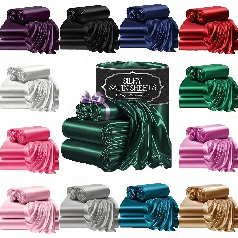 3/4pcs 2100TC Satin Sheets Queen Size Bed Set-Child Satin Bed Sheets Ultra Soft Satin Sheets Queen Set, Breathalbe Satin Bed Sheets Bed Sheets All Sizes Soft Satin Bedding for Bedroom 5 Star Luxury Hotel Experience W/ The Premium Satin Sheets