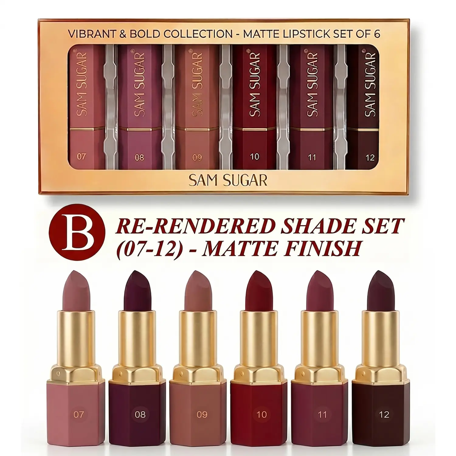 Women's SAM SUGAR 6-Pcs Cream Lipstick Set - High Pigment, Nourishing Moisturizer, Hydrating, Long-Lasting, Waterproof, Non-Stick Lip Color for Daily Use, Flawless Radiant Finish, Suitable for All Skin Tones, Cosmetic