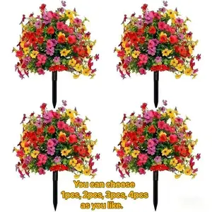 (1-4 packs) Spring/summer artificial garden stakes with realistic flower petals, UV-resistant, durable synthetic flowers, low-maintenance outdoor decoration