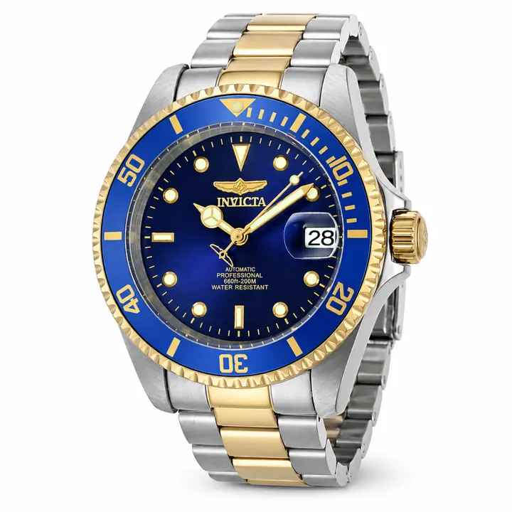 Invicta Pro Diver AUTOMATIC Men's 40mm Watch Self-Winding Japanese NH35A Movement Two Tone Steel and Gold Bracelet Champagne Sunray Dial Gold Coin Edge Bezel Exhibition Caseback Screw Down Crown 200m Dive Water Resistant No Battery