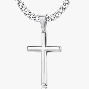 Luxe-Link Titanium Steel Cross Pendant Necklace, 23.6in Cuban Chain & Link, Dainty Unisex Elegant Design, Polished Sleek Metallic Finish, Versatile Daily Wear, Cross Necklaces, Cuban Links Necklaces