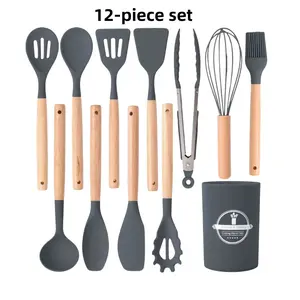 12-Piece Silicone Cooking Utensil Set with Wooden Handles, Non-Stick Kitchen Tools, Creative Birthday Gift Idea, Home Decor Accessories, Silicone Spatula Set