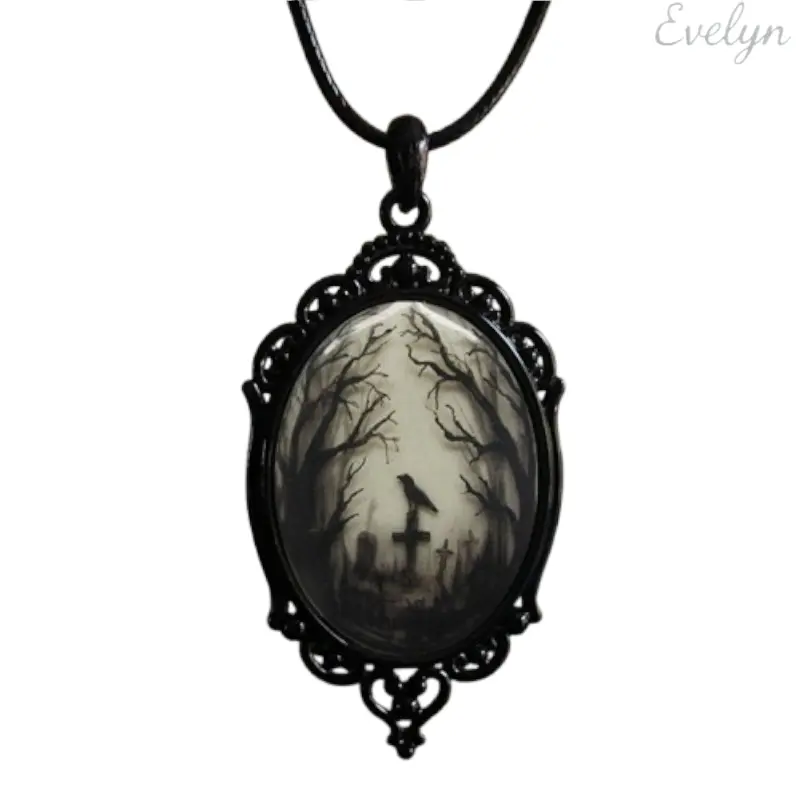 Assorted Vintage Oval Cameo Pendant Necklace, Gothic Art Print Black Lace Frame Jewelry, Multi‑Pattern Cord Chain Accessory for Daily & Halloween Wear