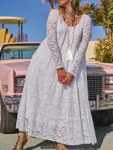 Elegant Plus Size Women's Lace Long Sleeve Dress, Loose Fit Slimming A-Line Pure Color Dress, European and American Style Fashion