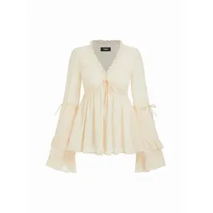 Cider Chiffon V-Neck Knotted Ruffled Bell Sleeve Blouse