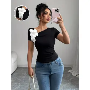 Women's Elegant 3D Floral Applique Knit Top -  Polyester, Medium Stretch, All-Season Versatile Black Shirt for Casual & Formal Outfits, Floral Print Blouse Womenswear Basic Crewneck Minimalist