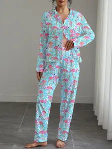 Women's Flamingo Print Pajama Set, Casual Fitted Long Sleeve Shirt & Elastic Pants, Soft Stretchy Fabric, Fall Winter Home Wear