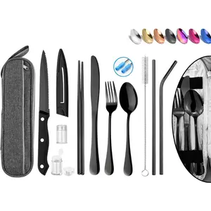 Portable Reusable Travel Camping Stainless Steel Cutlery Set with Case, Including Chopsticks Straw Flatware Silverware (Black)
