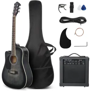 GLARRY 41in Full Size 6 Strings Acoustic Electric Guitar Beginner Kit w/ 15W Amp, Cutaway Design Electric Acoustic Guitar with Bag, Strap, Picks, Strings, Basswood Guitarra (Black -Left Hand)