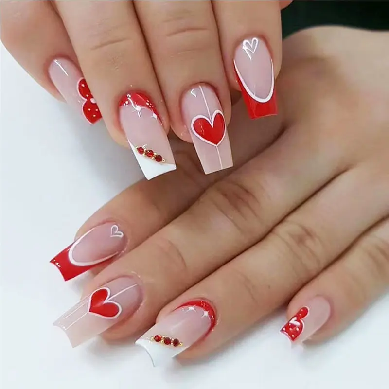24-Piece Red and White Heart Long Square Press-On Nail Set