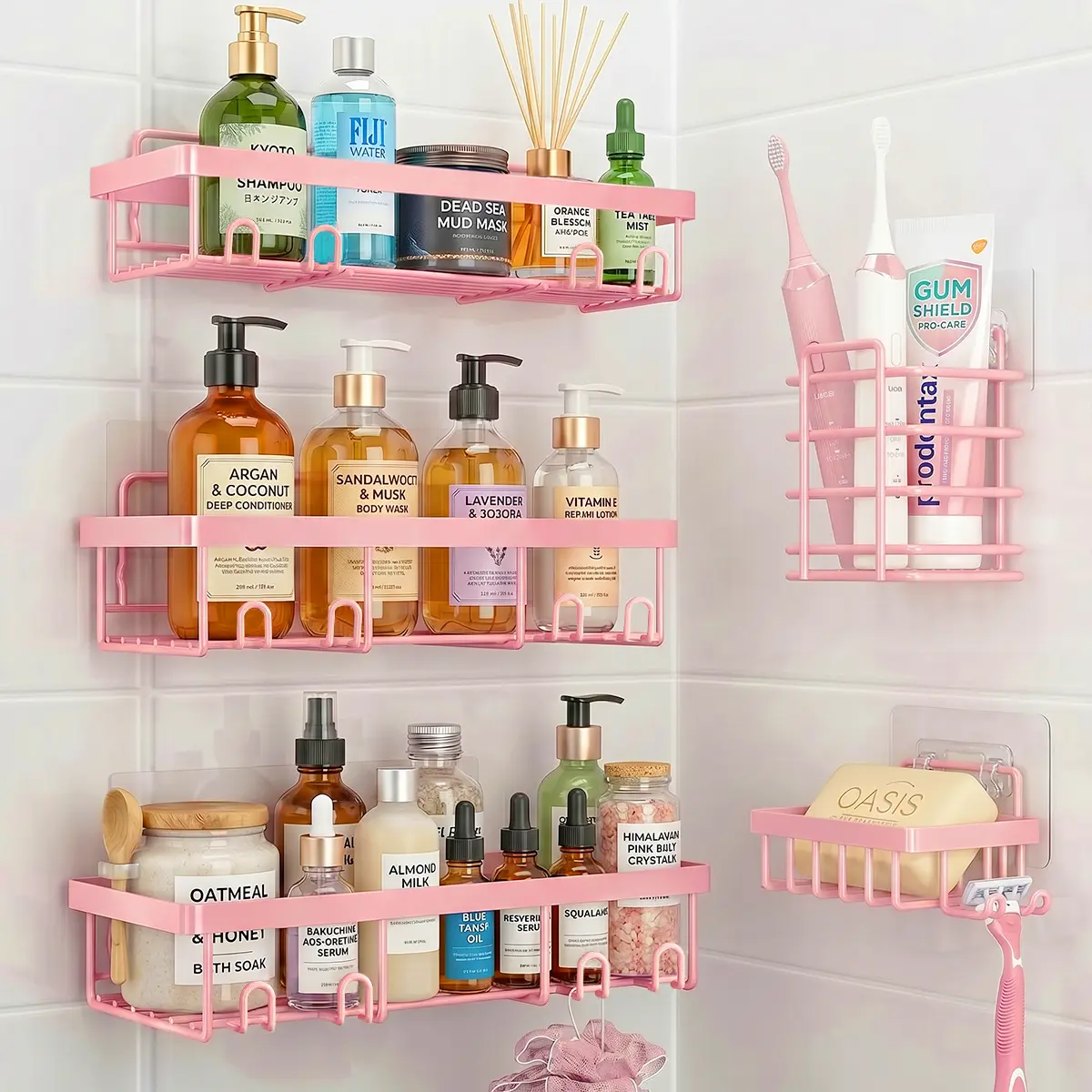 Self-Adhesive Wall Mount Shower Caddy (5/6pcs) - Advanced Rustproof, No-Drill Removable Shelves, Large-Capacity Indoor Wallmount Tidy for Easy Installation, Fits Bathrooms & Kitchens, Bathroom Supplies Storage