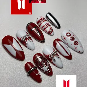 Press On Nails, Kpop Concert Fake Nails,  Merch Red White Silver Custom Nail Art, Number 7 Bias Reusable Nails 9SBMNG