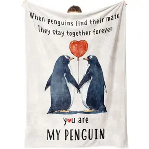 [Couple Penguins] Flannel Slogan Print Blanket - - Soft Multi-Purpose Printed Warming Lightweight Throw for Sofa, Bed, Office,Home Decor, Travel & Camping - All-Season