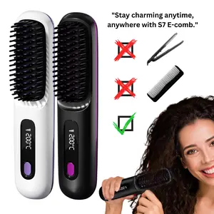 S7 Cordless Hair Straightener Brush - Portable Ionic Hot Comb with 3 Temp Settings & USB Rechargeable for Travel & Home Use - Black