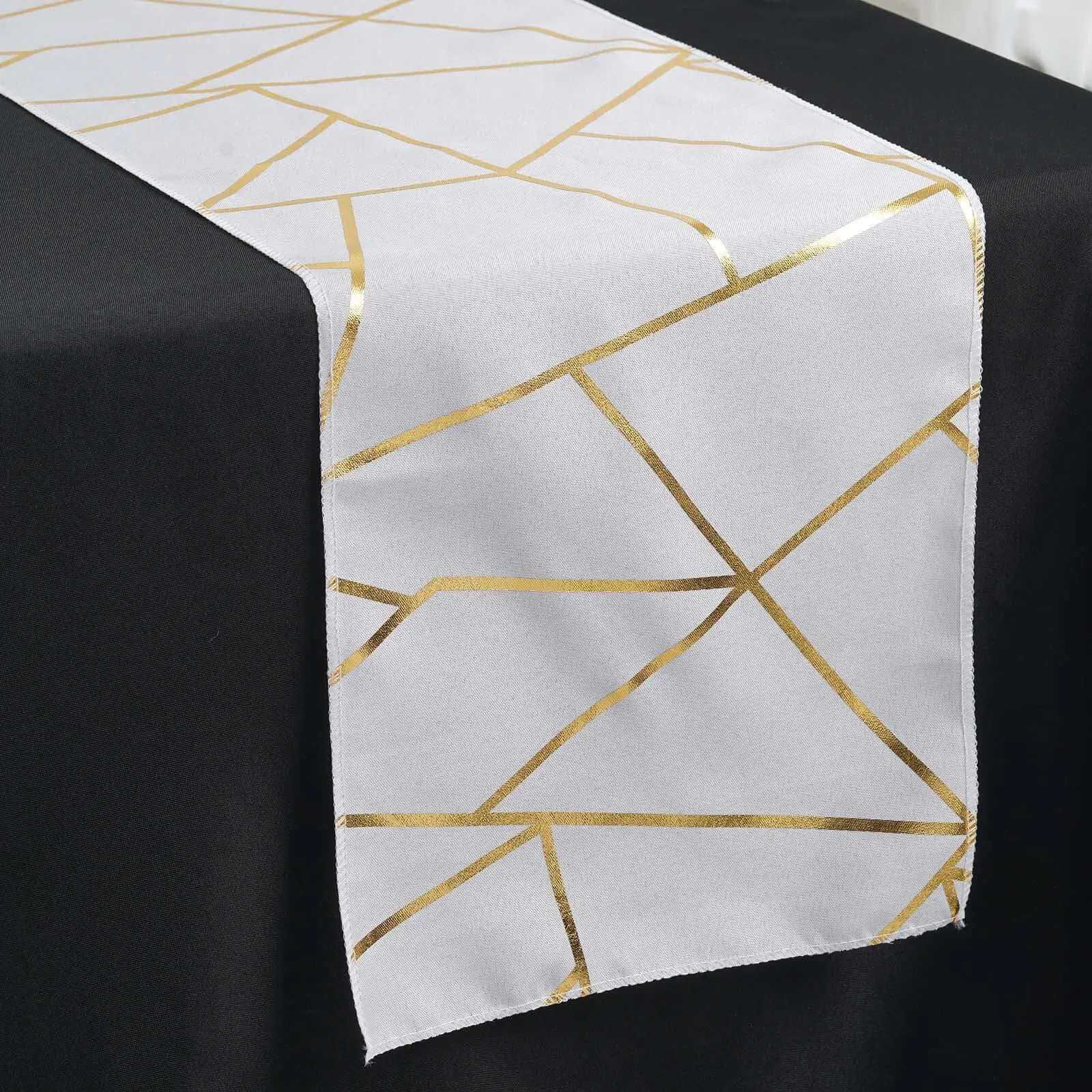 Polyester Table Runner, 9ft White with Gold Foil Geometric Pattern - Modern Stylish Table Decor for Event, Party, Wedding, Cold Water Washable, Drip Dry