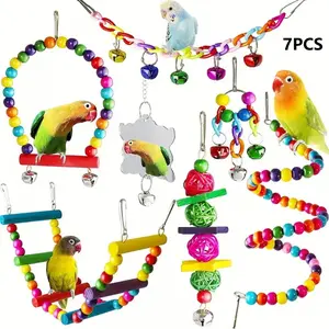 Bird Swing Hanging Toy, Colored Wooden Hanging Ladder Toy with Mirror & Hook, Colorful Hanging Swing Toy Bells for Bird