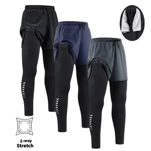 Men's 2-in-1 Running Pants, Quick Dry 4-Way Stretch Compression Leggings with Built-in Phone Pocket, Elastic Waist Breathable Athletic Tights for Gym Workouts, Outdoor Running & All Seasons Drawstring Comfy