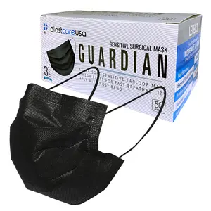 PlastCare USA 4-Ply ASTM Level 3 Black Face Masks with Adjustable Nose Band