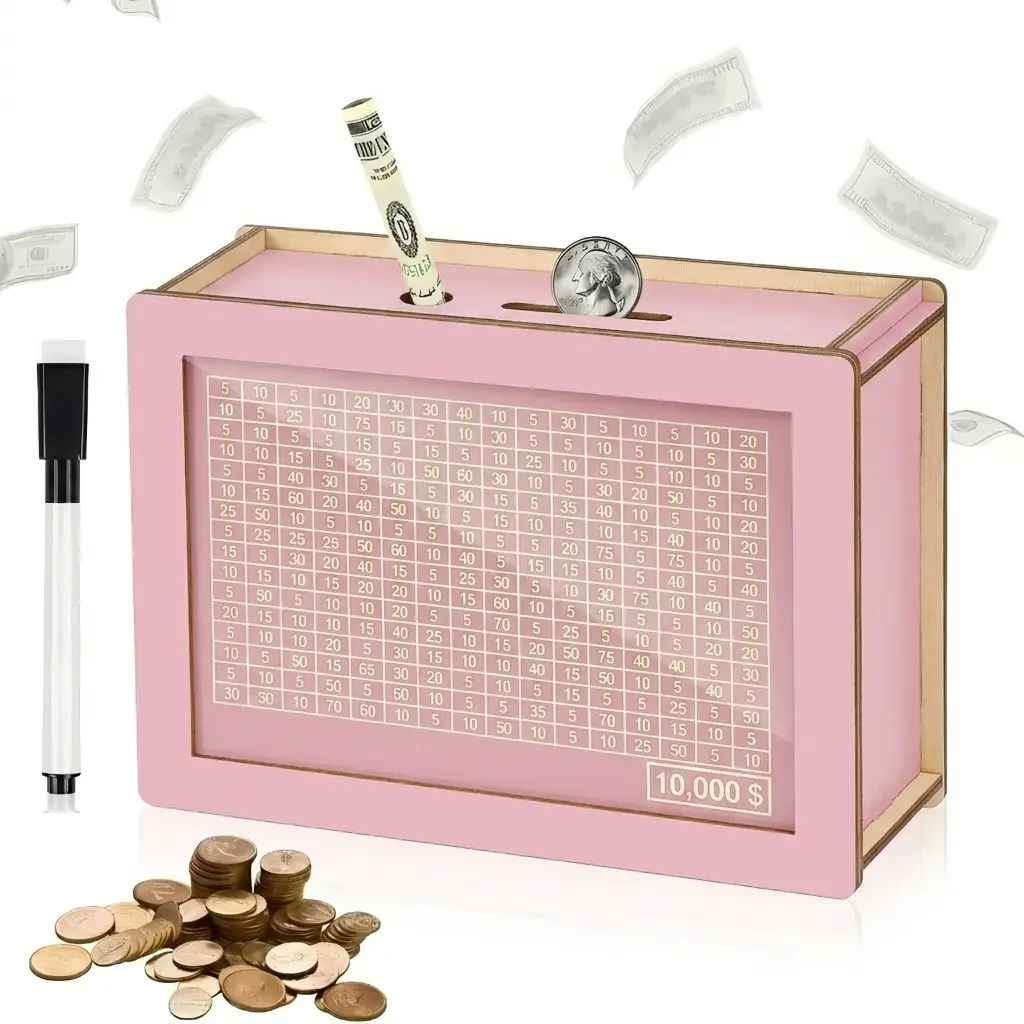 Wooden Money storage jar Money Bank, Countdown Money Saving Box with 10000 Dollars Target, Money storage jar with Money Target and Numbers to Check for Boys Girls (10000 USD)