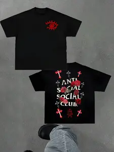 Anti Social Social Club Graphic Tee — Hot-Selling Streetwear! Red Rose & Cross Print, Black Base & Oversized Fit For Urban Cool Style. Trendy Statement Top.