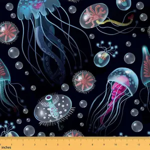 Jellyfish Fabric,by The Yard,Ocean Marine Life Sealife Upholstery Fabricad,Sea Creature Underwater World Decorative Fabric for Home DIY Projects