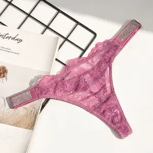 Sexy Through English Alphabet Rhinestone Thong, Girls Lace Trimmed Panties Cotton Crotch T-Pants Ladies Thong Underwear Womenswear