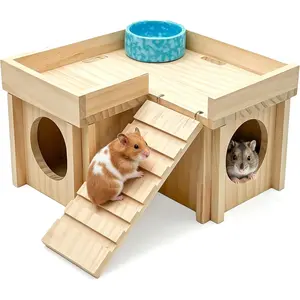Wooden Hamster Hideout Dwarf Hamster Hide House with Platform Bowl Ladder Small Hamster Maze Hut Habitats Decor Cage Accessories for Gerbils Mice Mouse