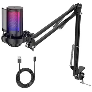 Game PC USB Condenser Microphone with Arm Stand, Mute Button, Gain Control, RGB Lighting, Ideal for Live Chat and Gaming