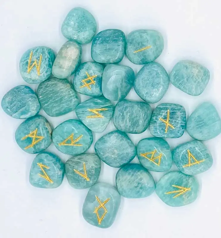 Amazonite Elder Futhark Rune Set — 25 Engraved Crystal Pieces