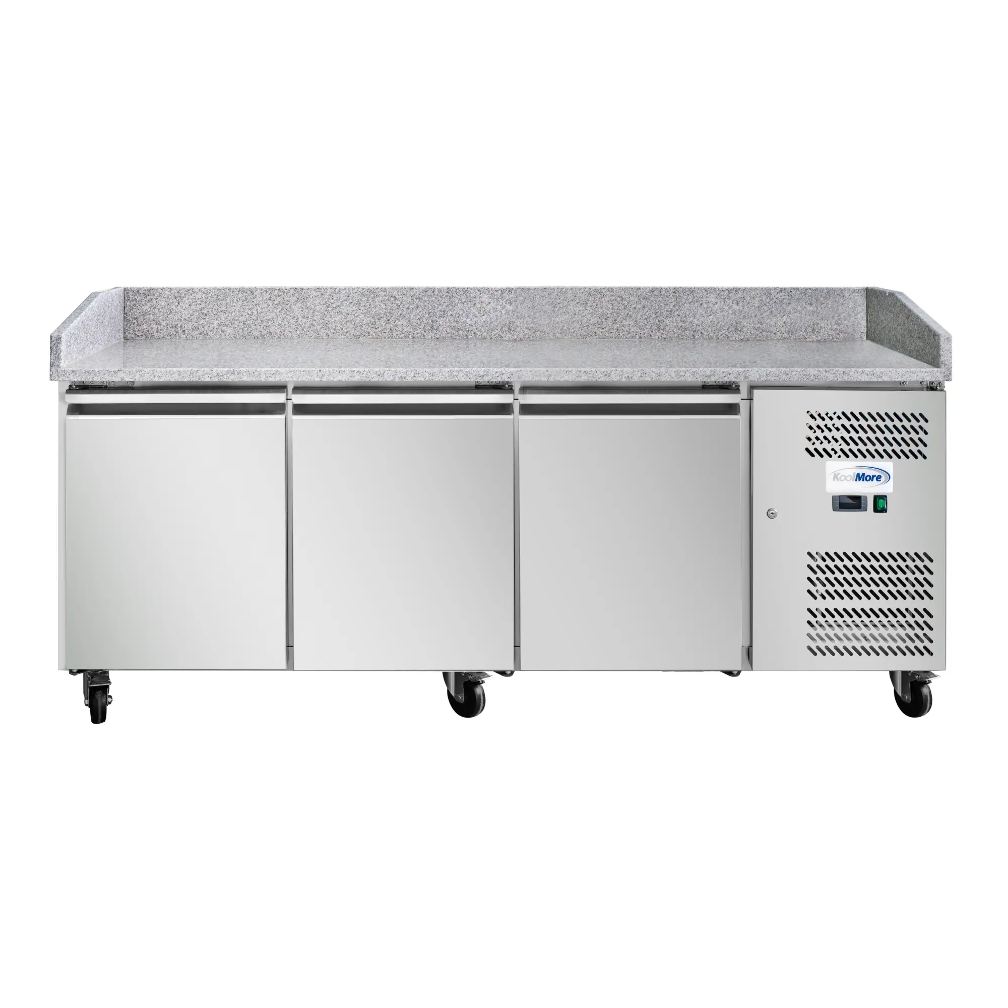 79 in. Three-Door Commercial Granite Top Refrigerated Pizza Prep Counter in Stainless-Steel (KM-RPPS-3D79-GRT)