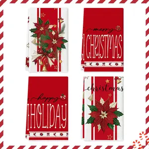 2/4pcs Christmas towel set, red festive poinsettia flowers, Merry Christmas printed dishwashing tea towels, multifunctional cleaning towels, Decorative Towels, suitable for kitchen and restaurant Christmas party home decoration
