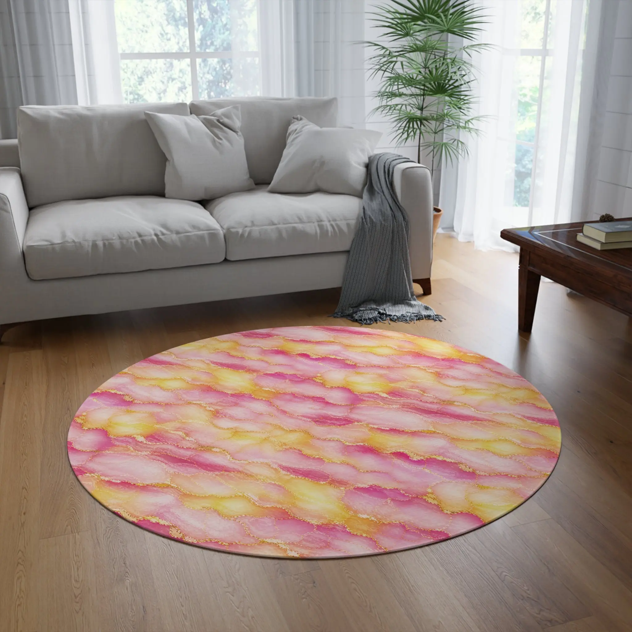 Blush Pink & Pastel Yellow Marble Round Rug — Gold Vein Luxury Statement Rug
