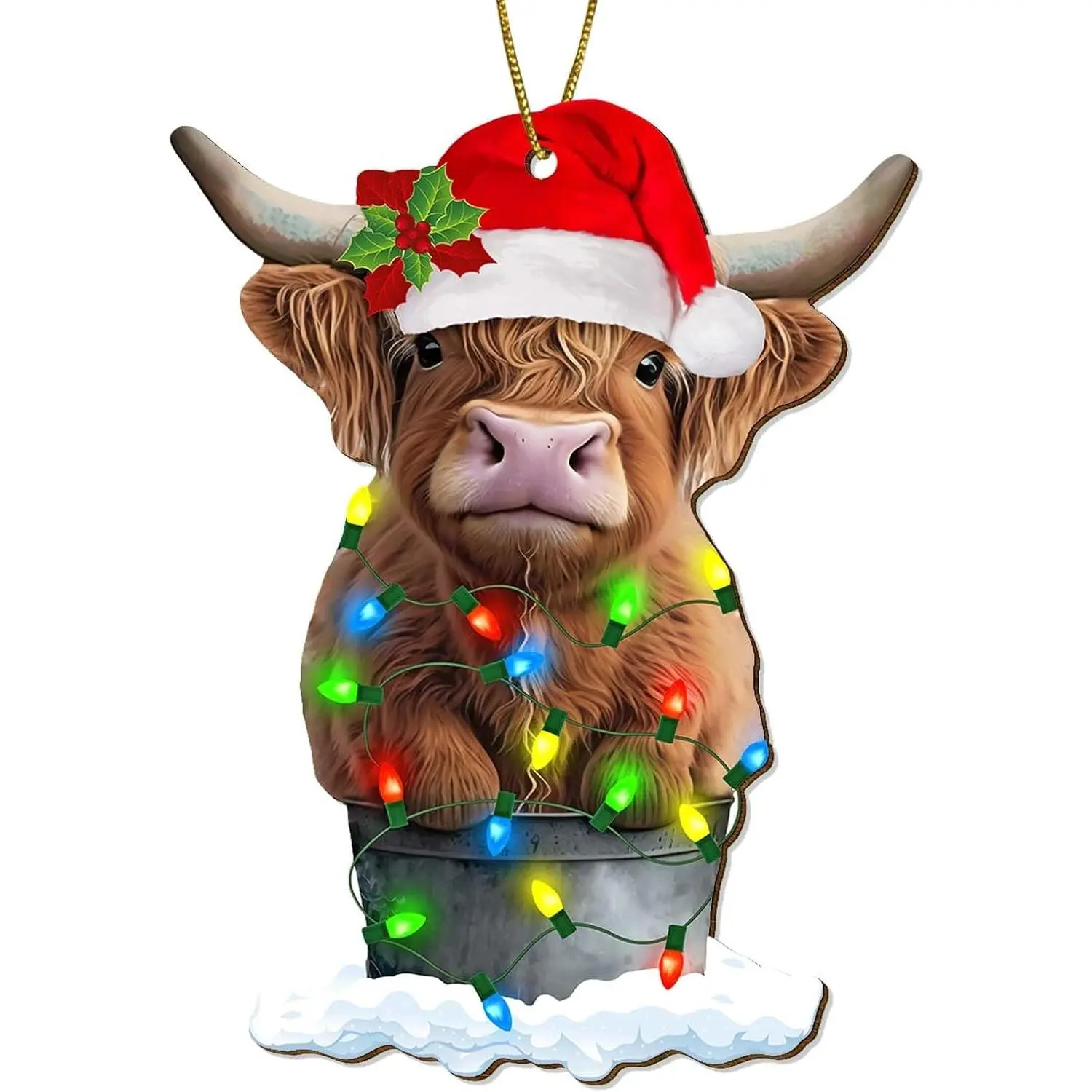 Highland Cow Christmas Tree Keepsake Ornaments, Farmhouse Themed 2 Side Printed Flat Wooden Ornament, Farm Animal Xmas Hanging Decor
