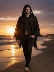 Men’s Gothic Mesh Hooded Poncho – Punk Lace-Up Cape for Dark Streetwear & Beach Looks