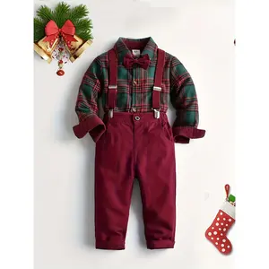 Festive Boys' Christmas Plaid Long-Sleeve Shirt & Maroon Suspender Pants Set - Casual European & American Style, Non-Stretch Polyester, Button-Up Collared Outfit for Fall/Winter, Boy Christmas Outfit