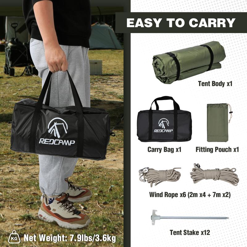 RedCAMP Large Hammock Hot Tent 11.8x6.6x6.2ft Waterproof Windproof 4 Season Family Camping Canopy Shelter 210T Polyester 3-Zipper Design