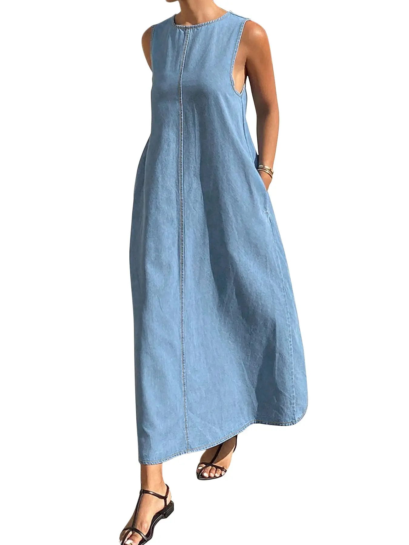 Women's Sleeveless Denim Back Tie Adjustable Long Dress,Maxi Dress with Pockets,  Loose Fit Casual Wear Summer Breathable
