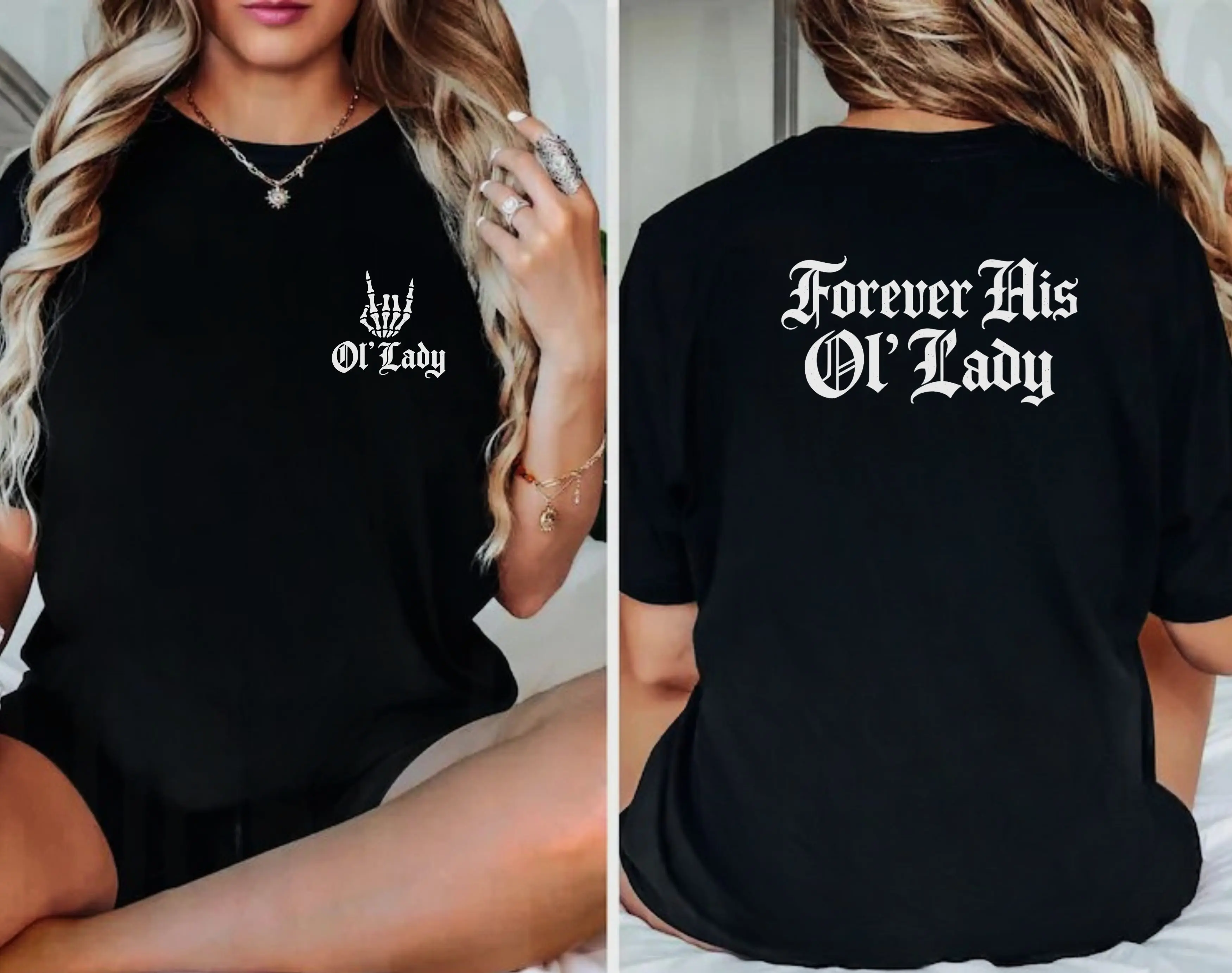 Women's Forever His Ol’ Lady Short-Sleeve Cotton Crew Neck Breathable Fit Gothic Biker Couple Matching T-Shirt with Pocket - Casual Everyday Clothes