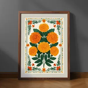 Dia De Los Muertos Marigold Wall Art – Mexican Folk Floral Print, Vibrant Festival-Inspired Artwork, Colorful Boho Cultural Decor, Room Decor, Unframed