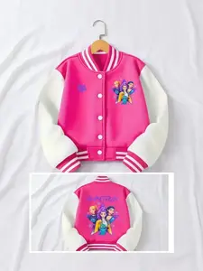 Girls' Kpop Demon Hunters Baseball Jacket, Spring & Fall Outdoor Warm Short Coat, Star Background, Cartoon Print, Casual Comfortable Outerwear, Casual Comfy Jacket